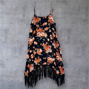 MOON Black Fringe Boho Floral Dress Size S